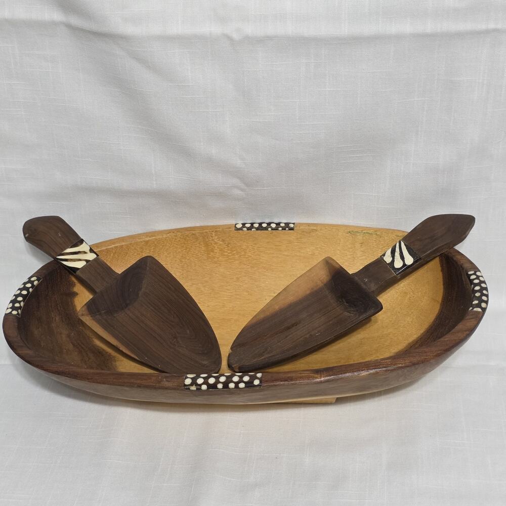 Tanzanian Wooden Serving Bowl Set Inlay Divided Tray w/ Utensil Hand Carve